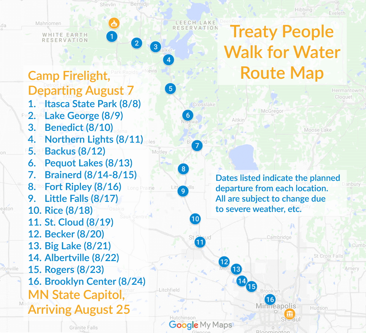 Map of the route from the Firelight encampment to the MN State Capitol