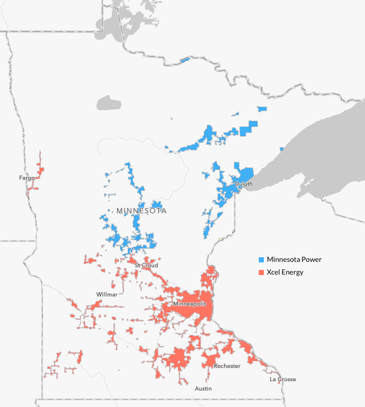 Xcel Energy is in the red areas; Minnesota Power in the blue. Click to enlarge.